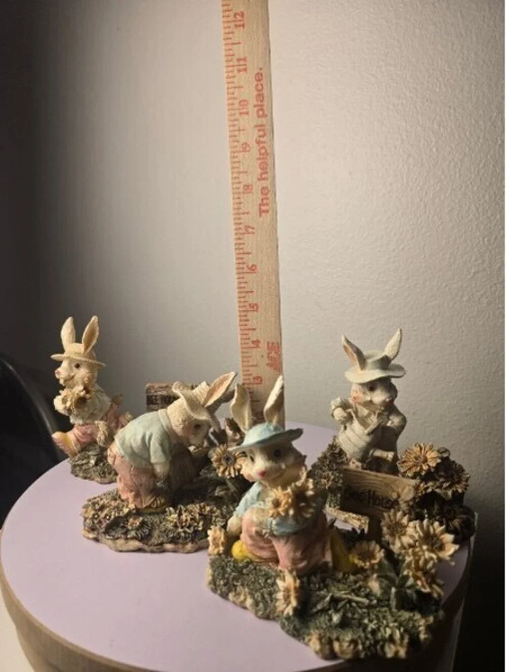 Vintage Resin Easter Bunny Family Garden Diorama Figurine Log Scene Set of Four